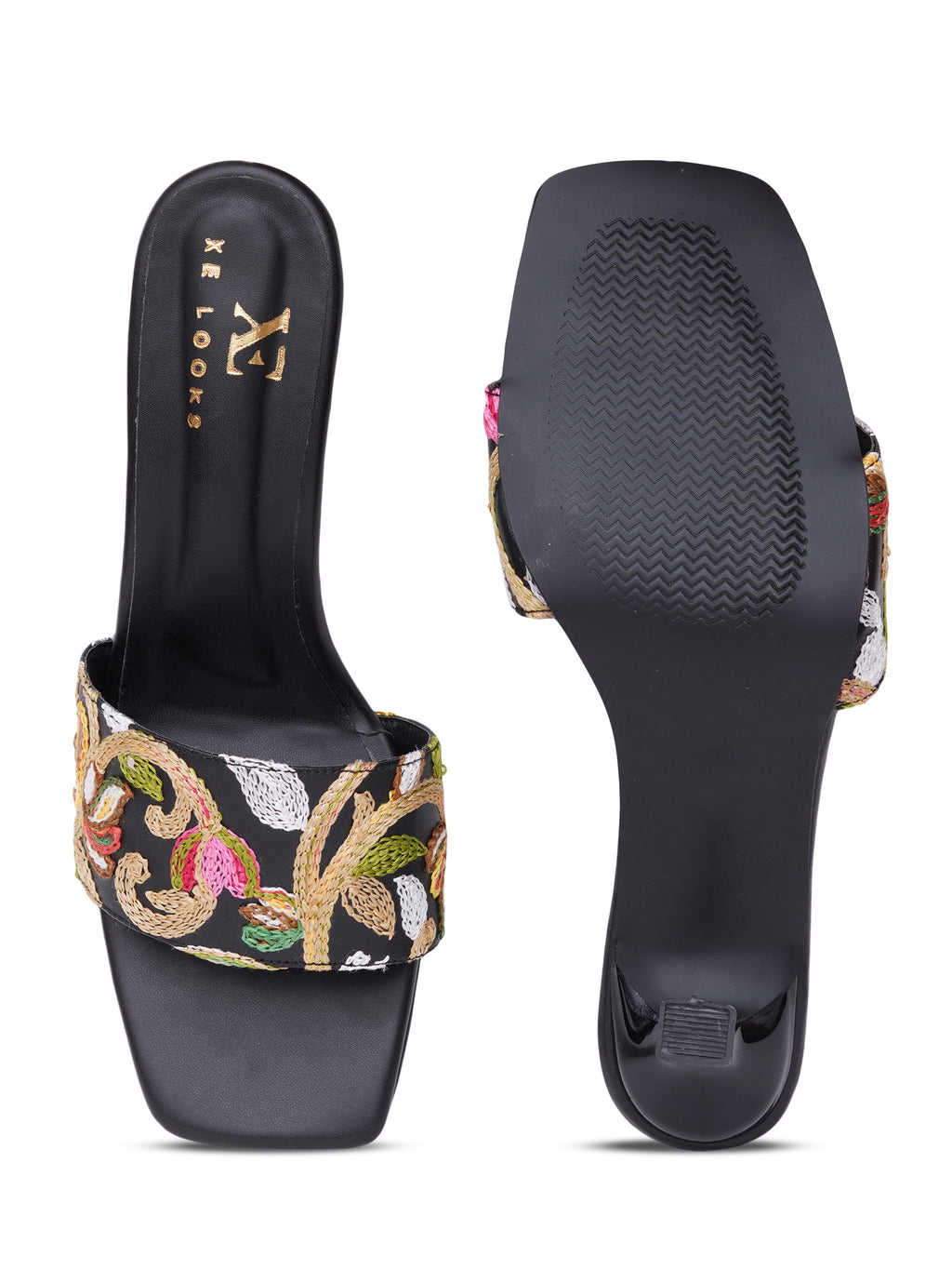 Embroidered Strap Comfort Heel Sandals
