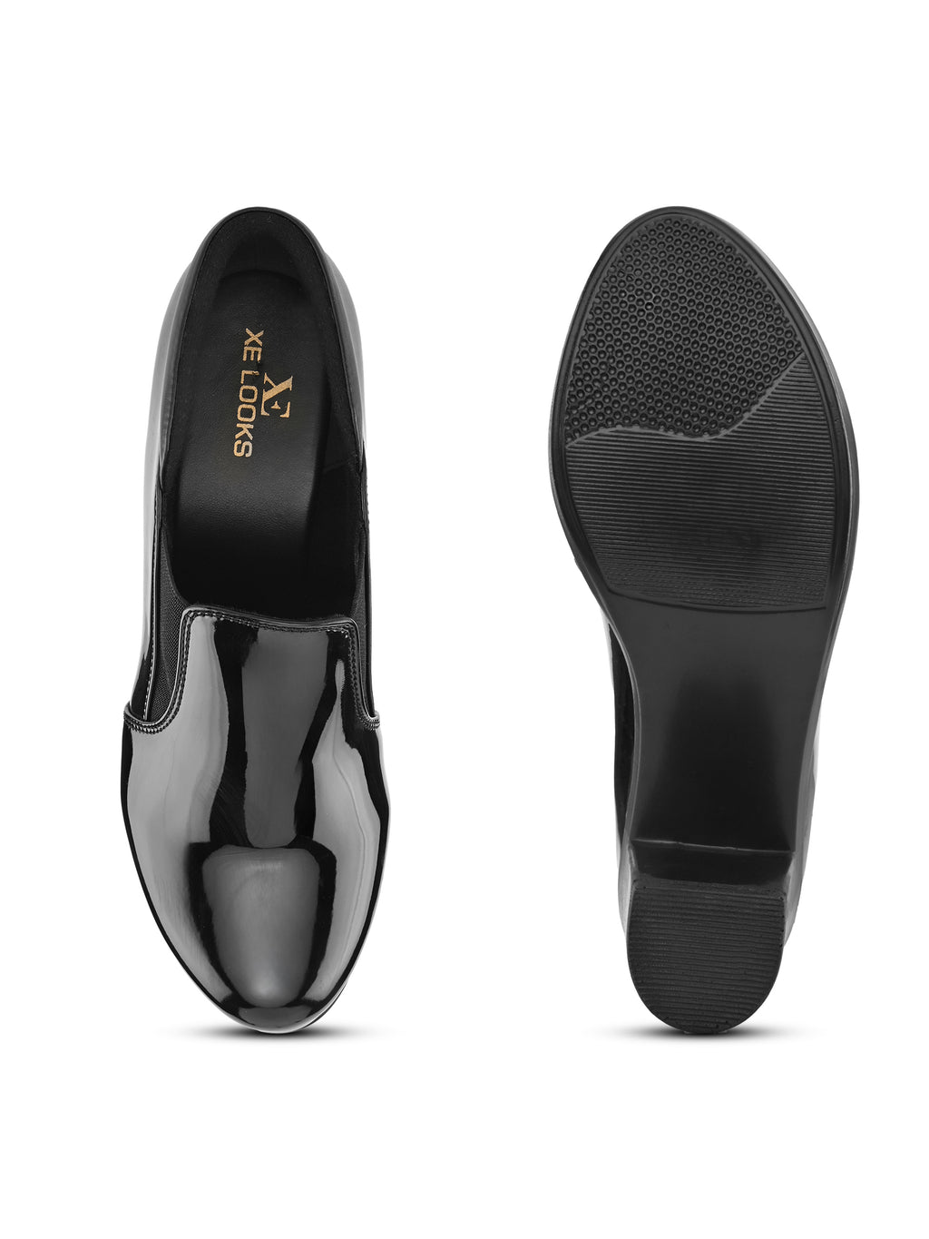 GLOSSY FINISH SLIP-ON BLOCK HEEL LOAFERS