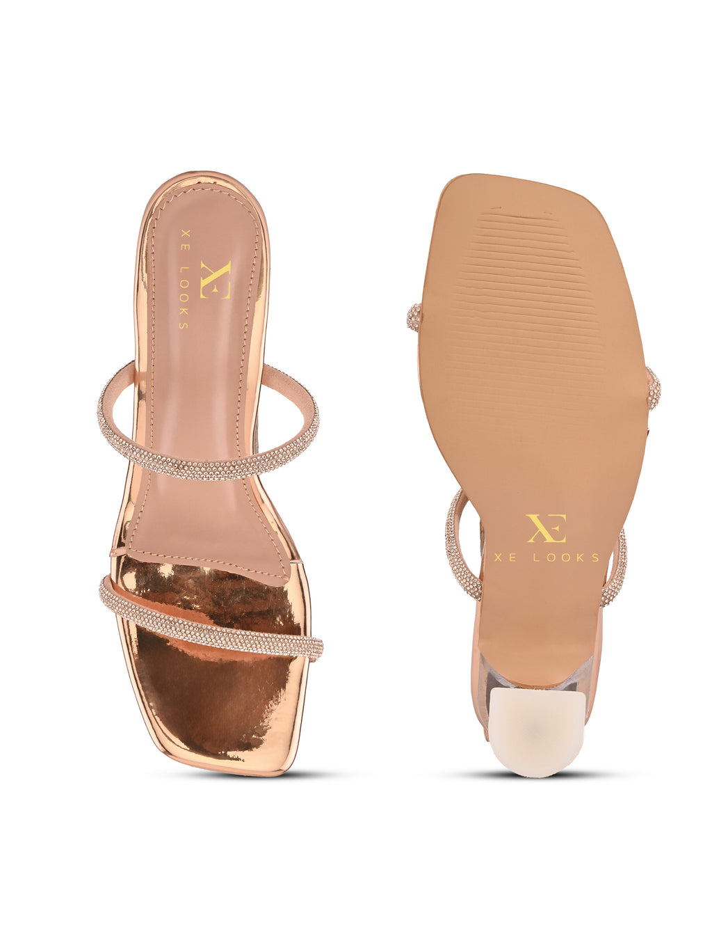 Rhinestone Double Strap Transparent Sculpted Heel Sandals