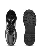 Glossy Lace-Up Side Zip Chunky Sole Ankle Boots