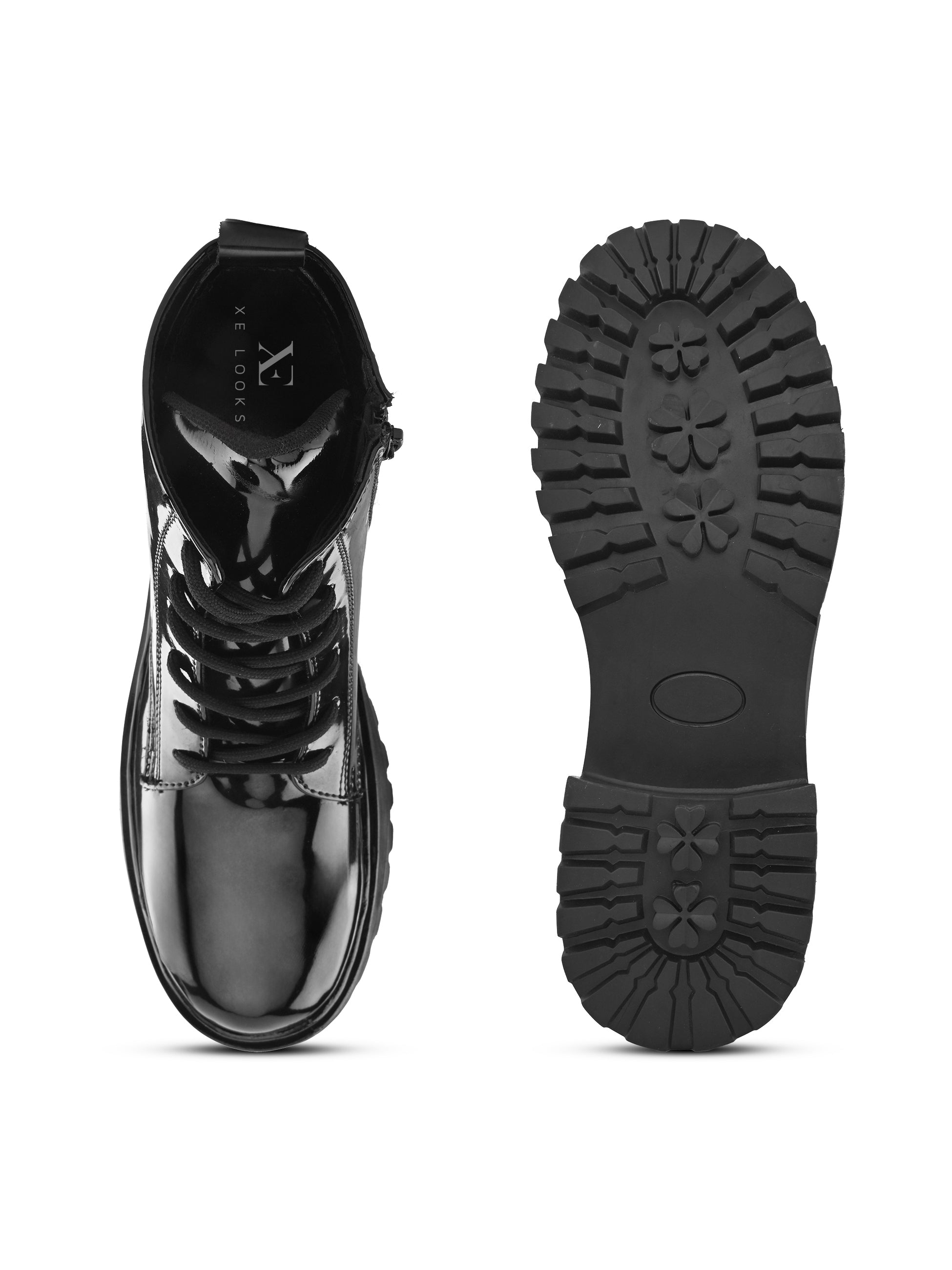 Glossy Lace-Up Side Zip Chunky Sole Ankle Boots