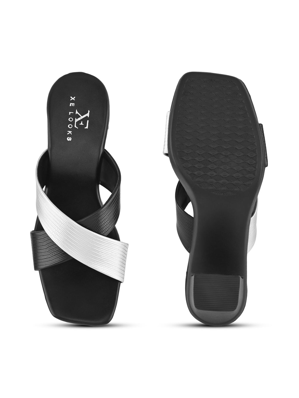 TEXTURED CROSS-STRAP SQUARE TOE BLOCK HEEL MULES