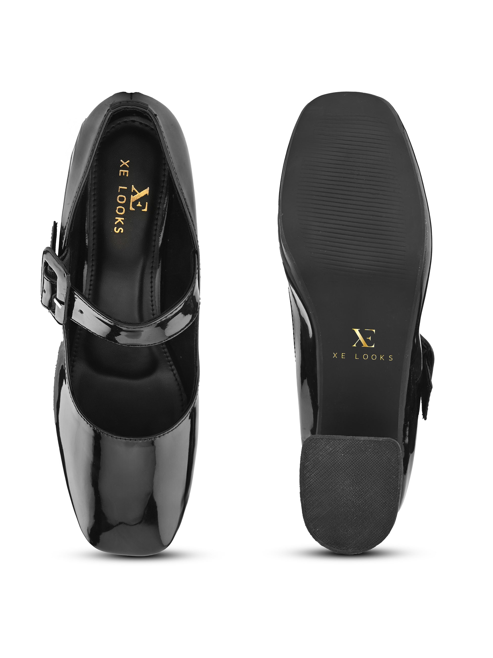 Glossy Patent-Finish Buckle Strap Block Heel Closed Toe Pumps