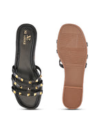 STUDDED MULTI-STRAP OPEN TOE FLAT SANDALS