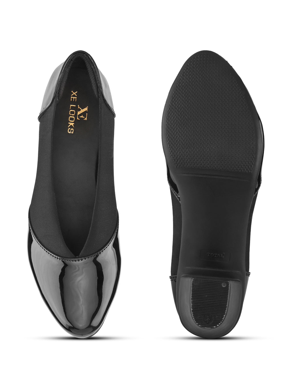 Glossy Almond Toe Stretch Panel Slip-On Pumps