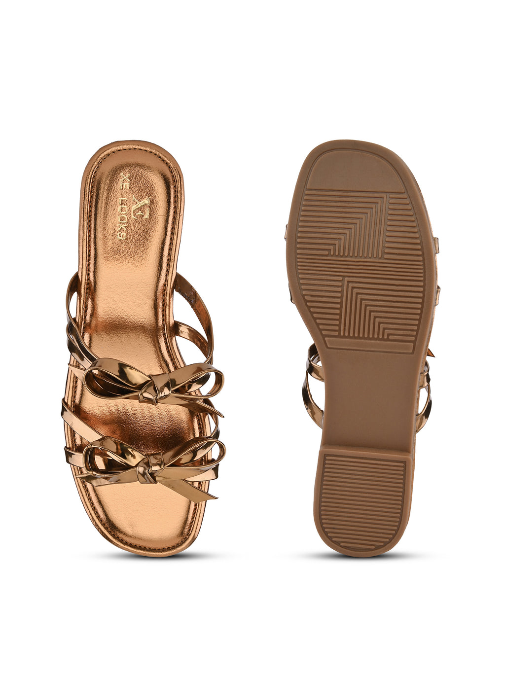 METALLIC DOUBLE BOW SQUARE TOE FLAT SANDALS