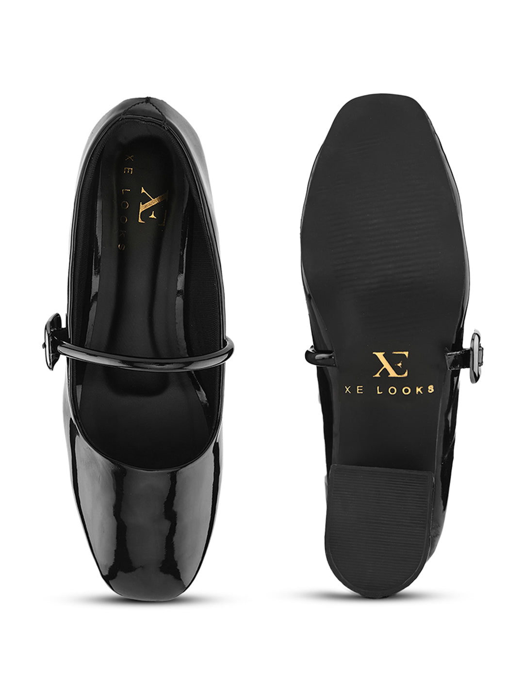 Glossy Strap Detail Cushioned Block Heel Mary Jane Pumps