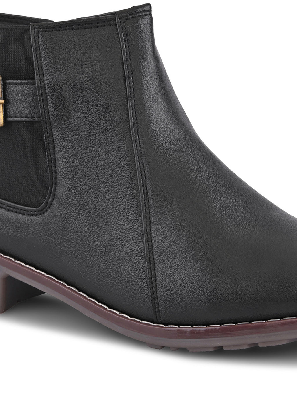 Buckle Accent Side Elastic Low Block Heel Ankle Boots