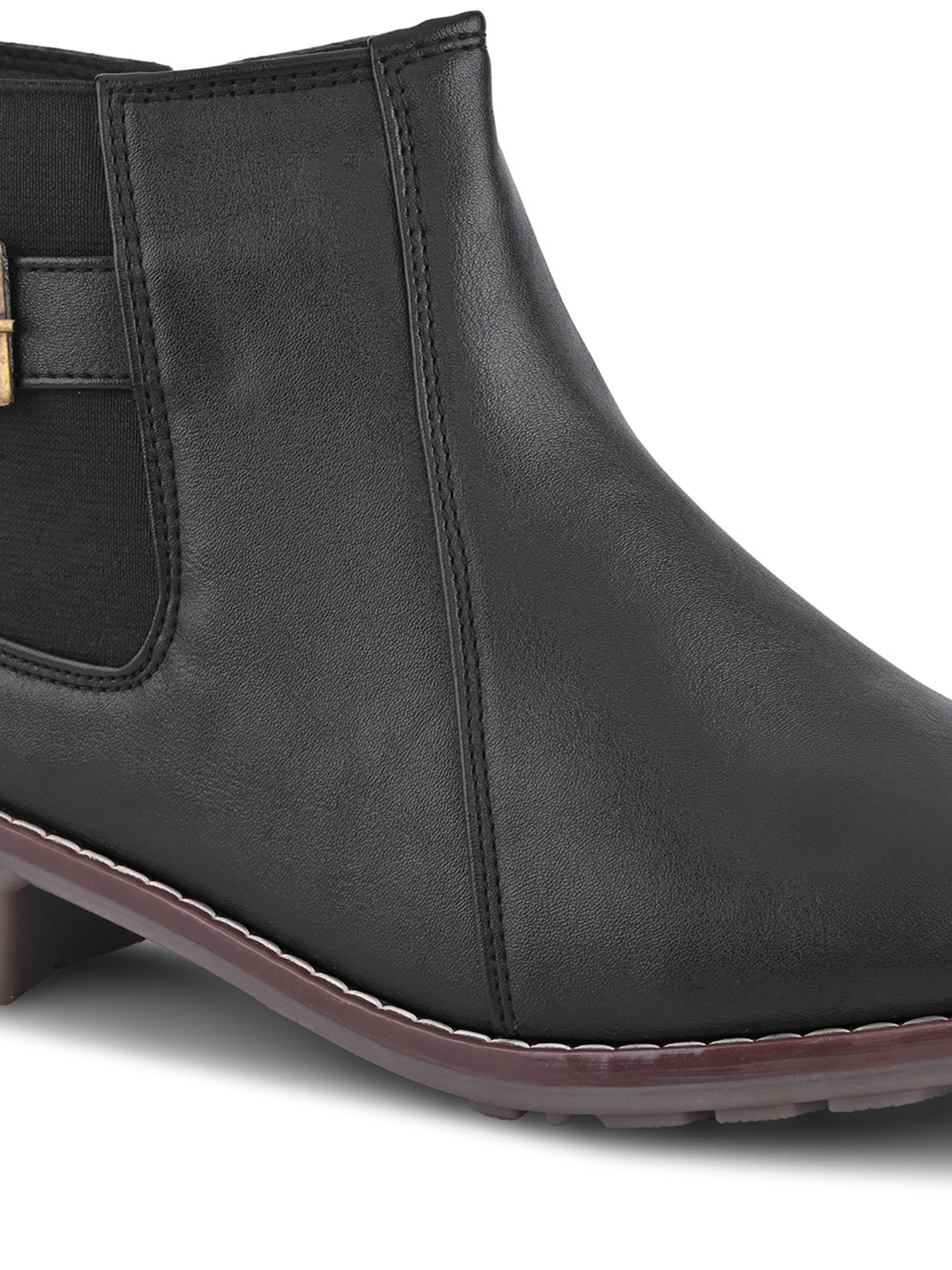 Buckle Accent Side Elastic Low Block Heel Ankle Boots
