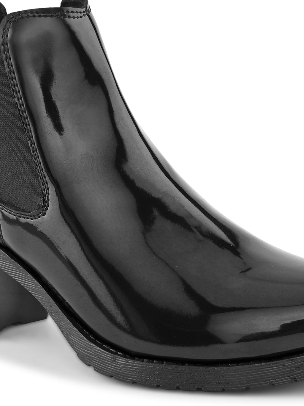 Glossy Elastic Panel Block Heel Chelsea Boots