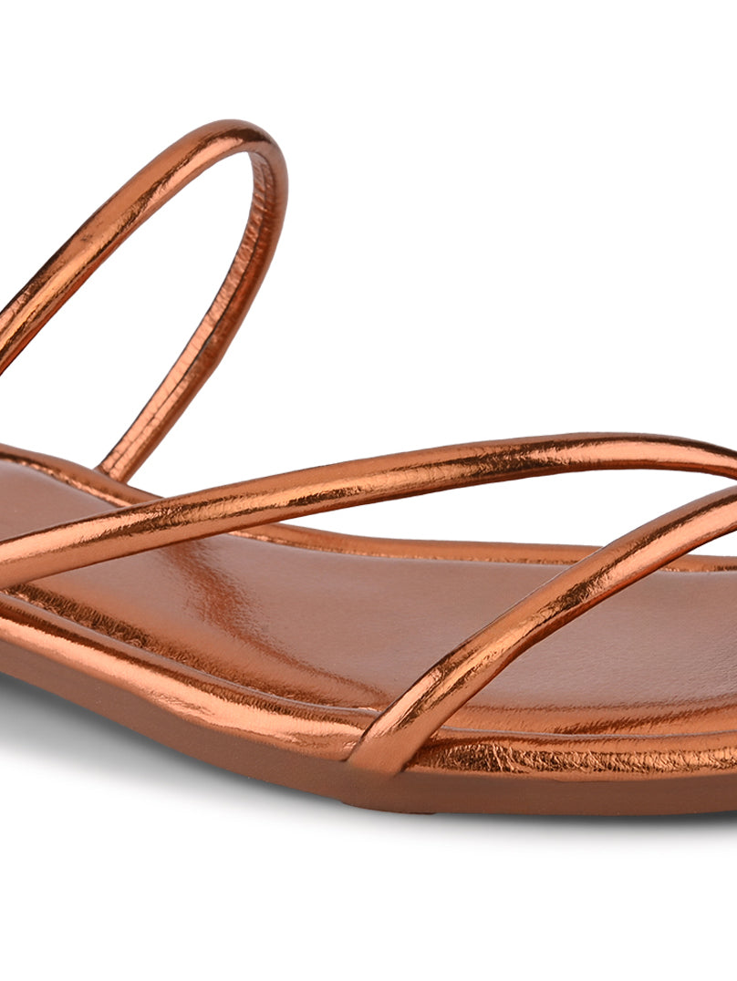 METALLIC STRAPPY SQUARE TOE FLAT SANDALS