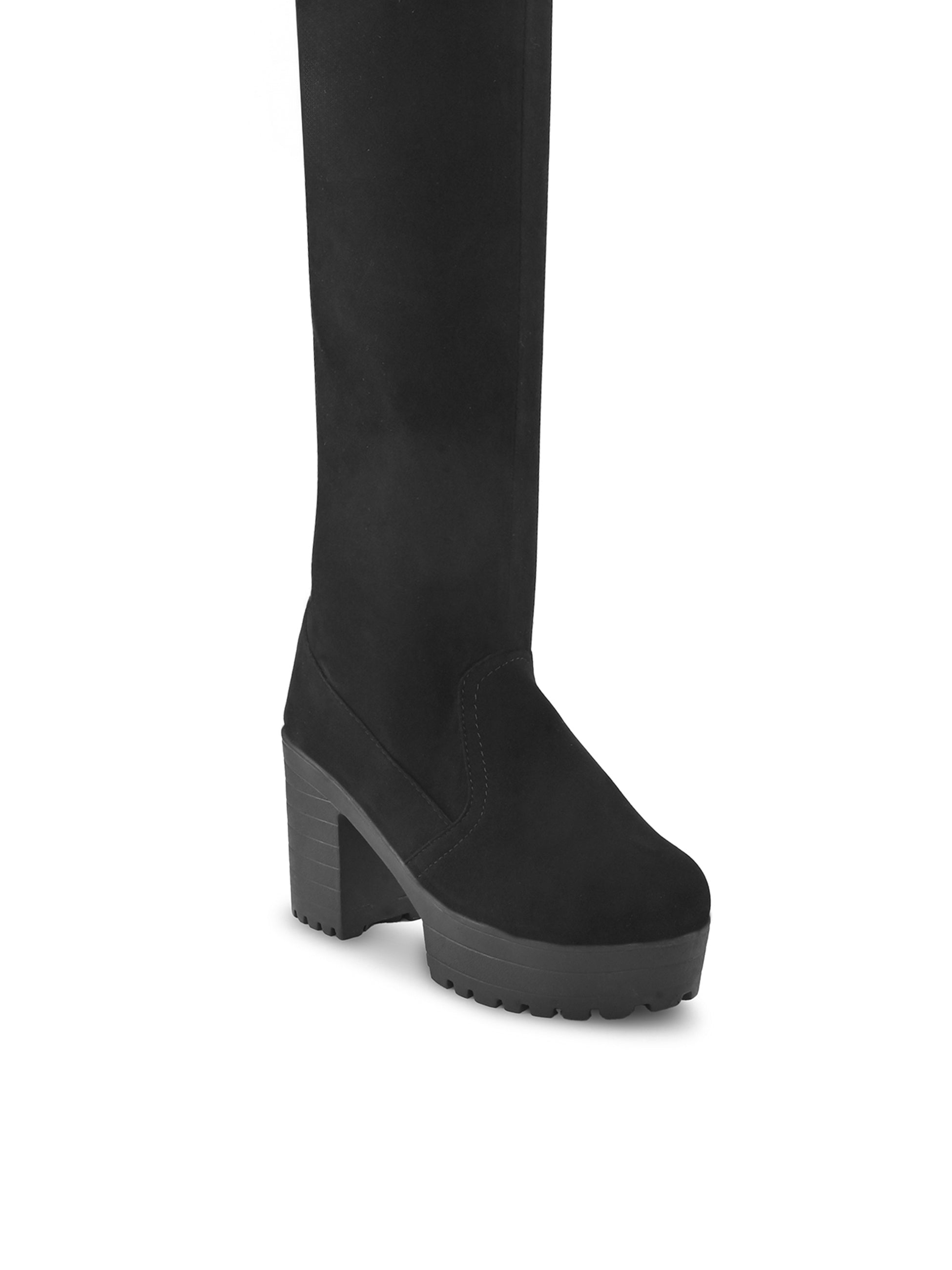 Stretch-Fit Over-the-Knee Platform Block Heel Boots