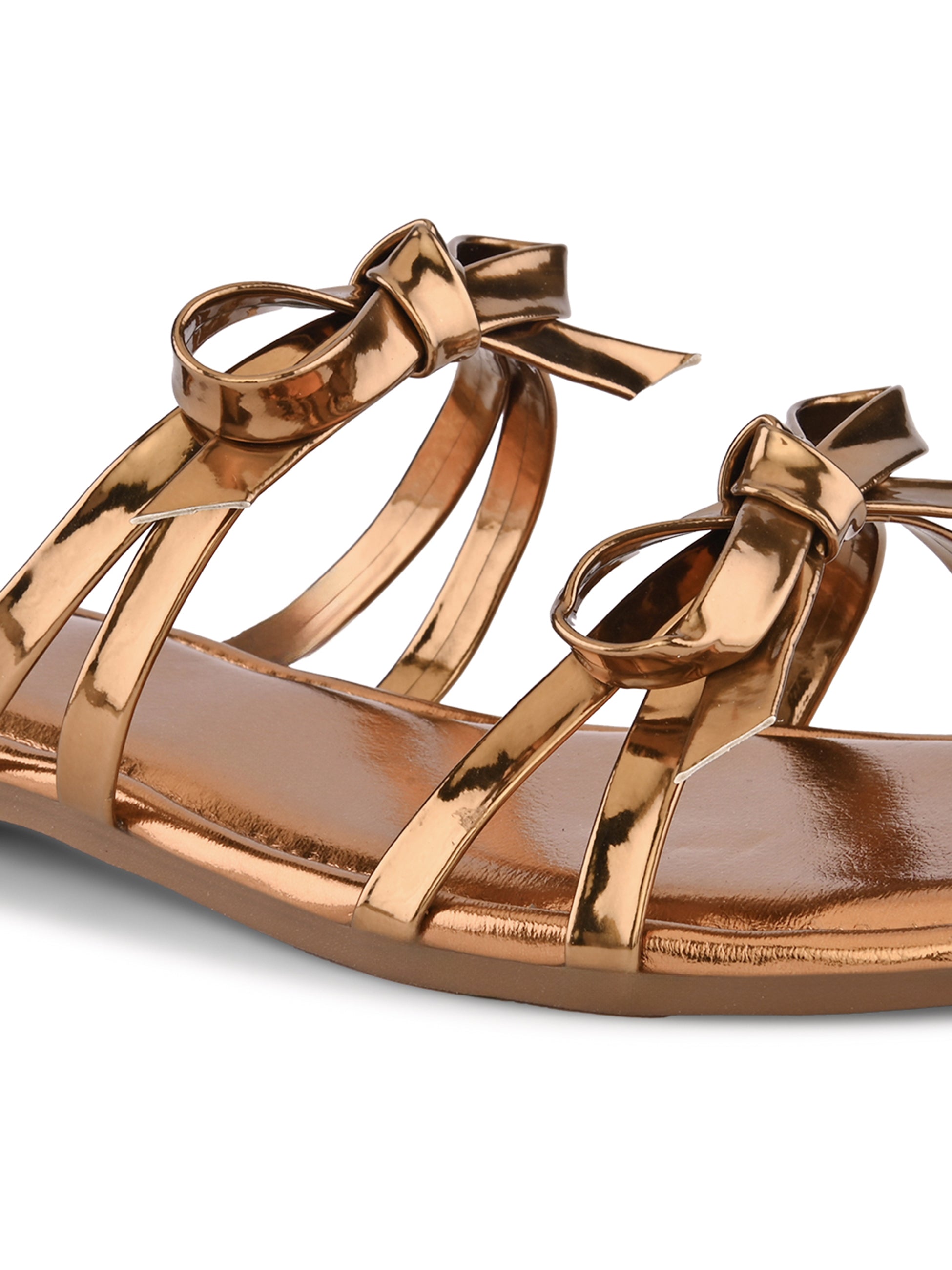 METALLIC DOUBLE BOW SQUARE TOE FLAT SANDALS