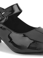 Glossy Patent-Finish Buckle Strap Block Heel Closed Toe Pumps