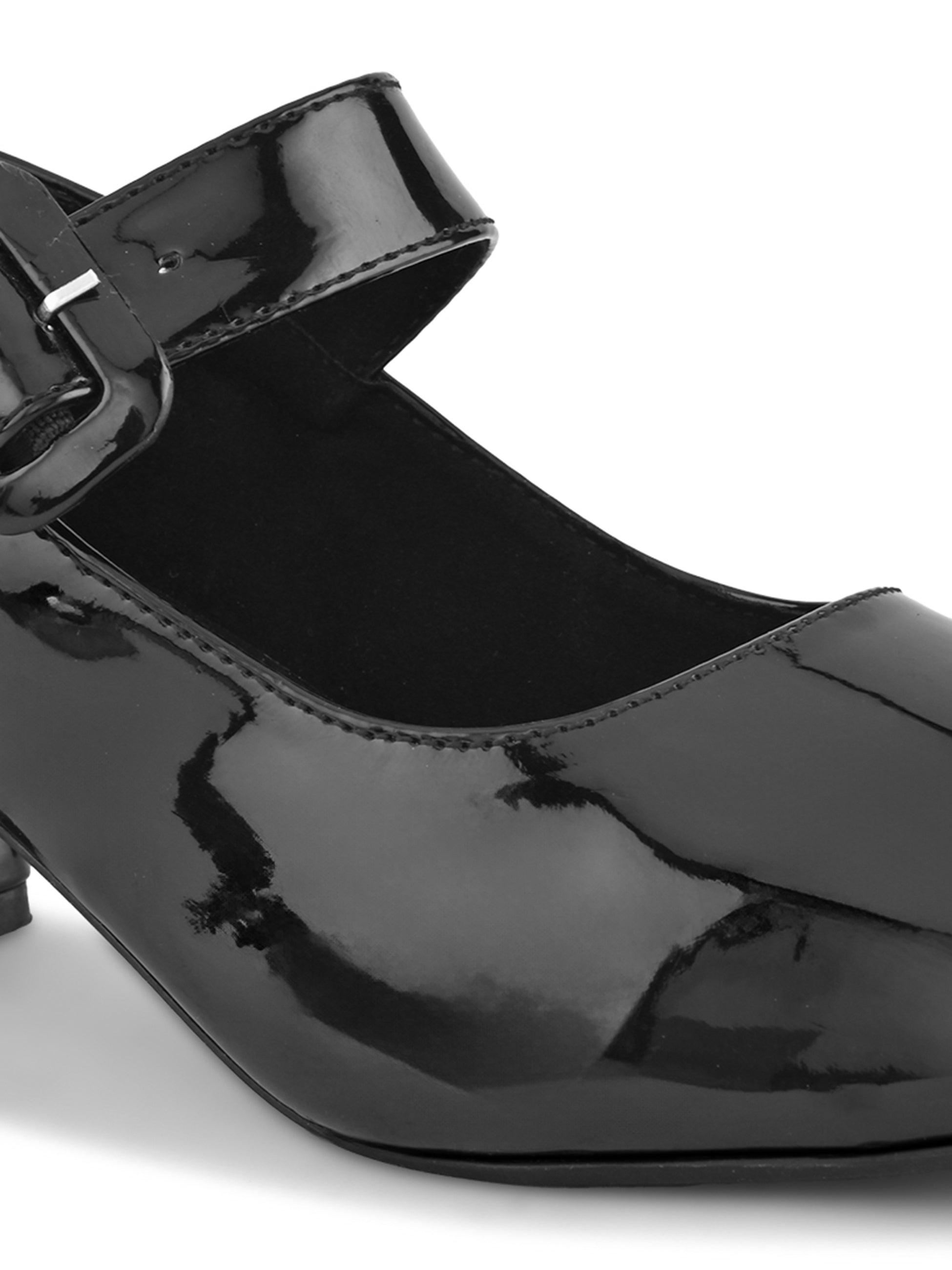 Glossy Patent-Finish Buckle Strap Block Heel Closed Toe Pumps