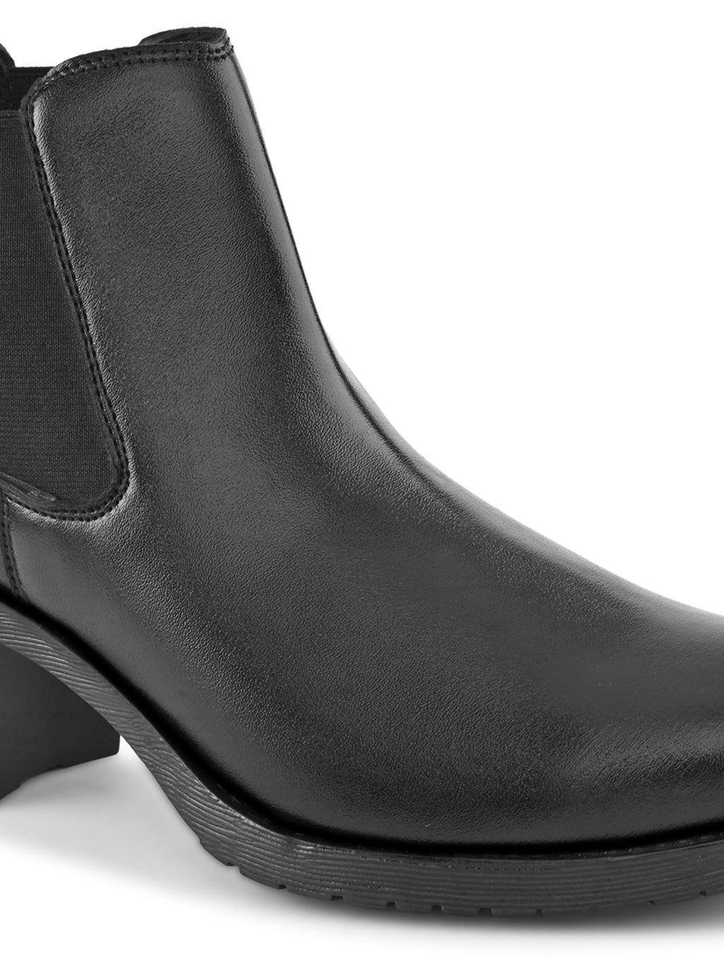 Smooth Finish Elastic Panel Block Heel Chelsea Boots