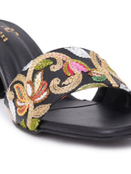 Embroidered Strap Comfort Heel Sandals
