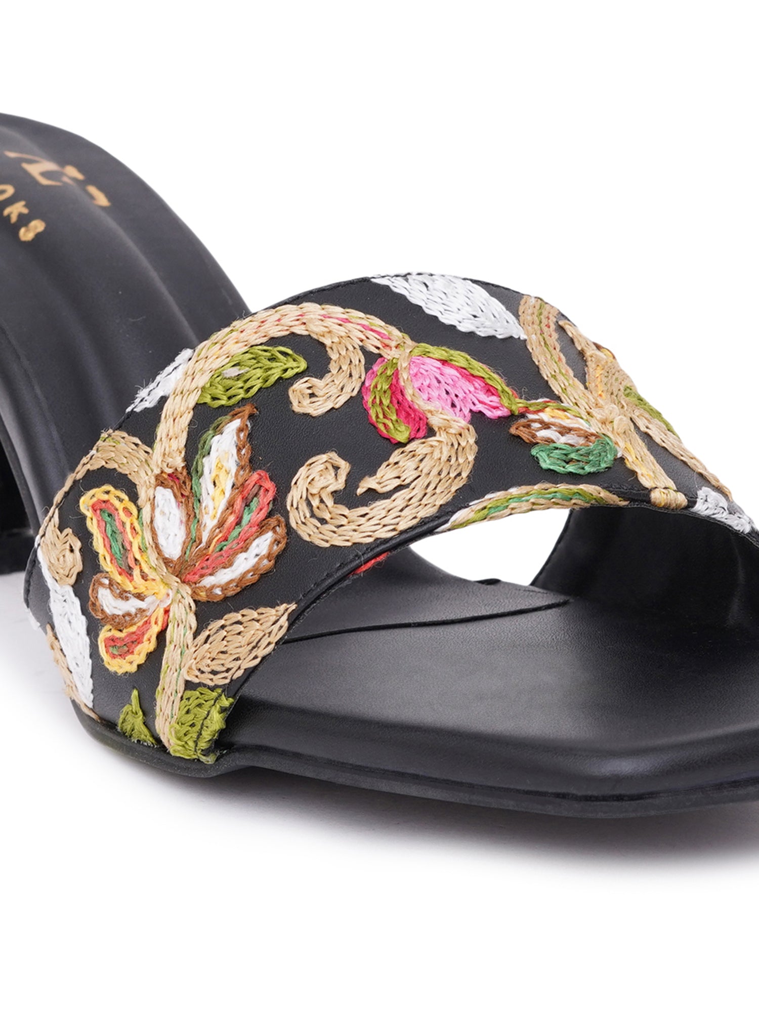 Embroidered Strap Comfort Heel Sandals