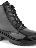 Glossy Lace-Up Side Zip Chunky Sole Ankle Boots
