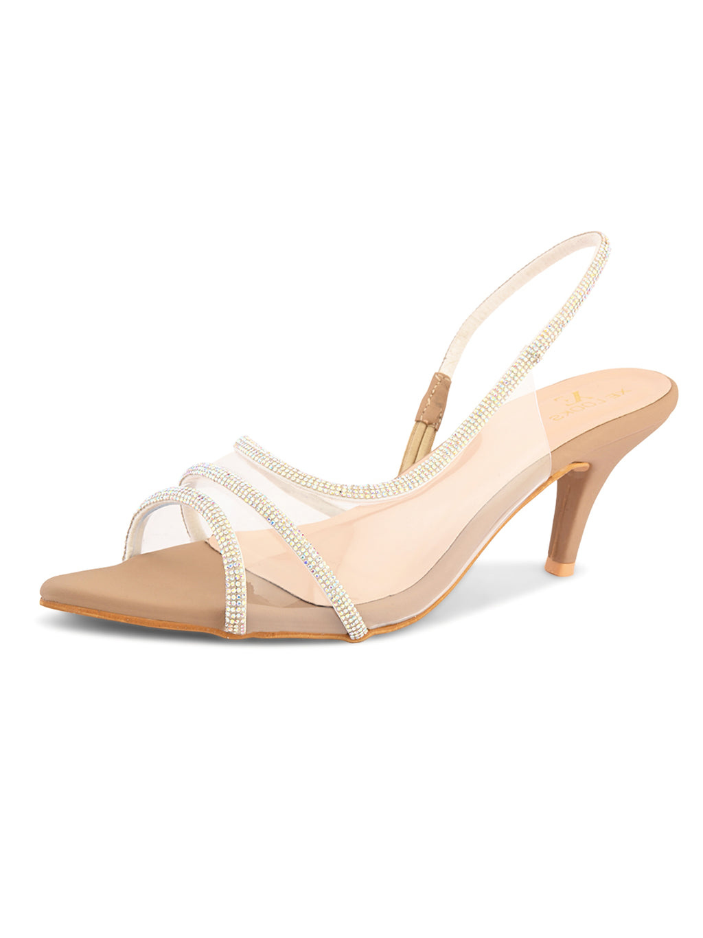 Rhinestone-Studded Clear Strap Slingback Heels