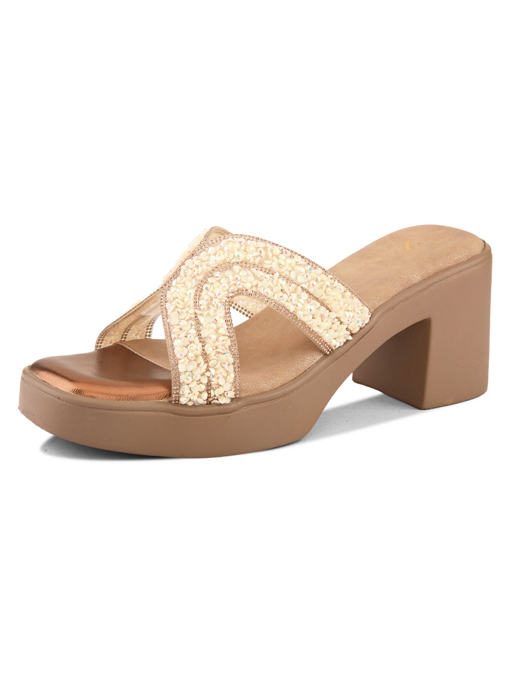Embellished Criss-Cross Beaded Design Slip-On Block Heel Sandals