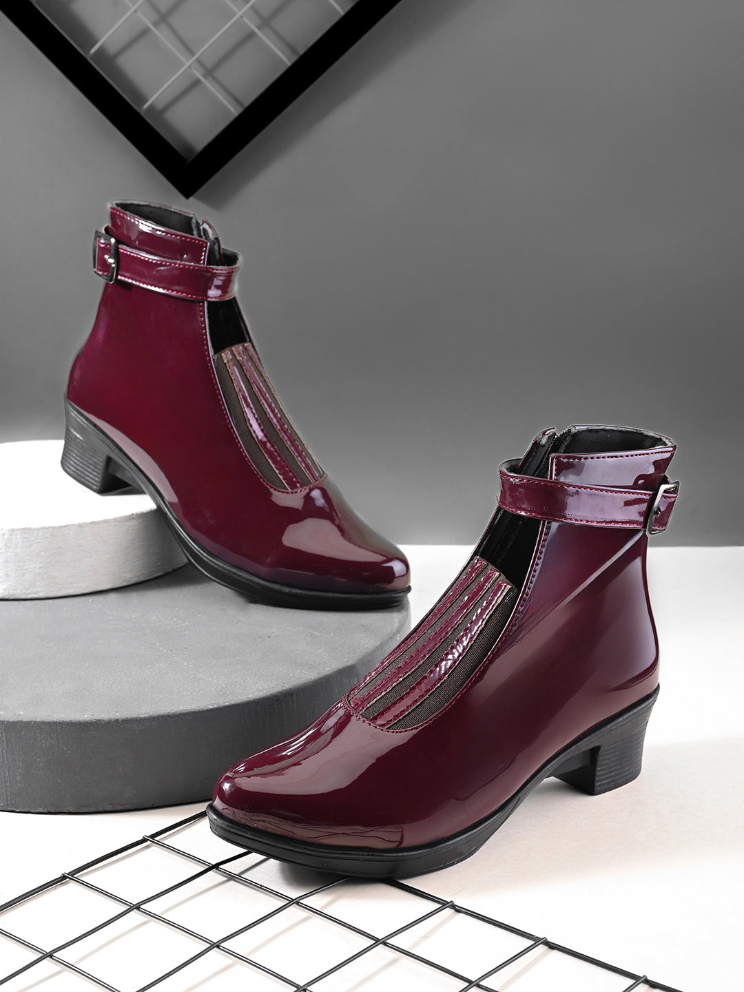 Glossy Cut-Out Buckle Strap Block Heel Ankle Boots