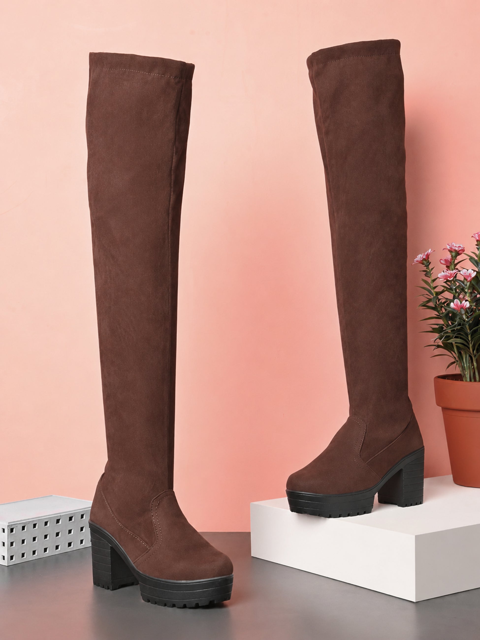 Stretch-Fit Over-the-Knee Platform Block Heel Boots