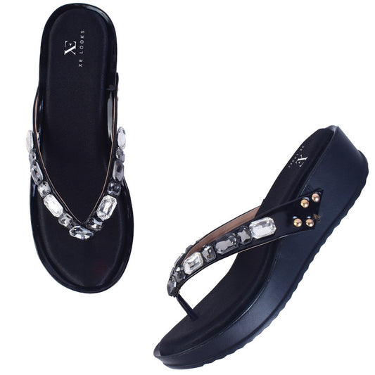 Stone Embellished Versatile Pearly Wedge Slippers