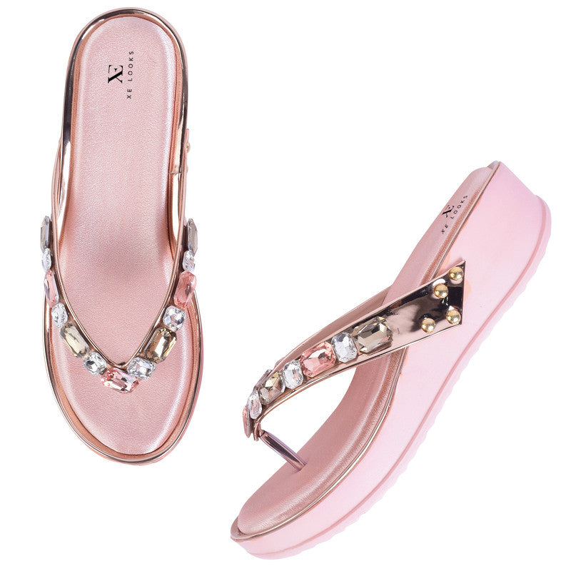 Stone Embellished Versatile Pearly Wedge Slippers