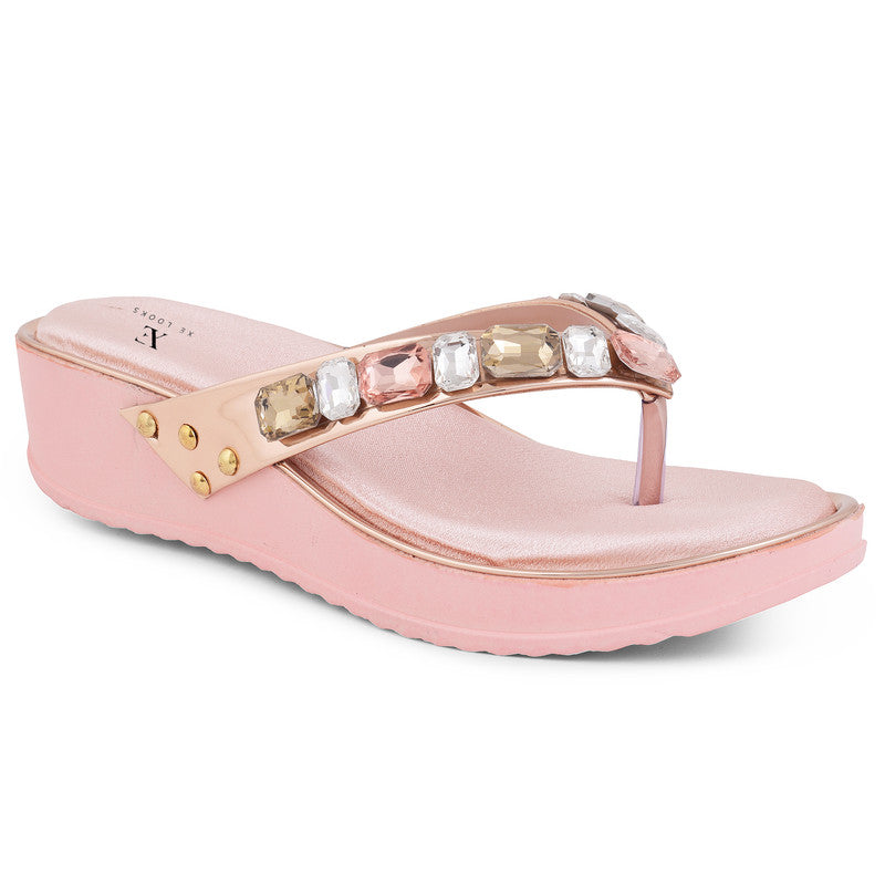 Stone Embellished Versatile Pearly Wedge Slippers