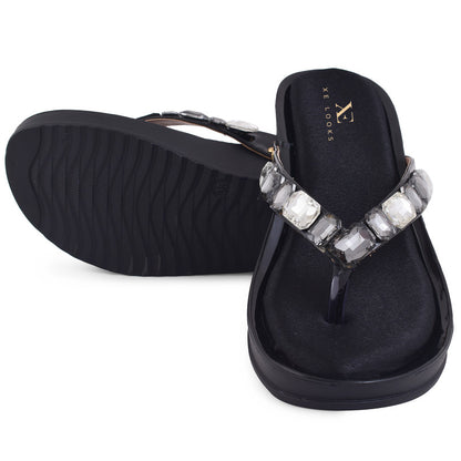 Stone Embellished Versatile Pearly Wedge Slippers